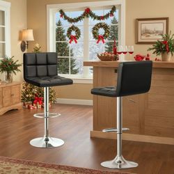 New Set of 2 Faux Leather Bar Stools, Adjustable Height Hydraulic Swivel Armless Barstools, Extra Tall Square Kitchen Bar Stool with Backrest New in