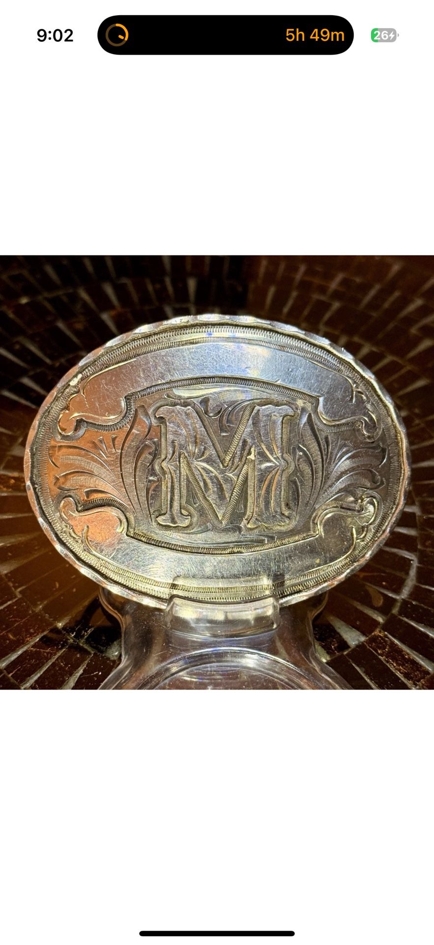 Vintage Western Monogram M Belt Buckle Silver Tone Engraved Scroll Floral 4”