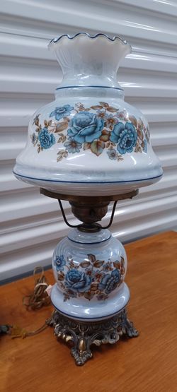 Vintage Hurricane Table Lamp Blue Floral