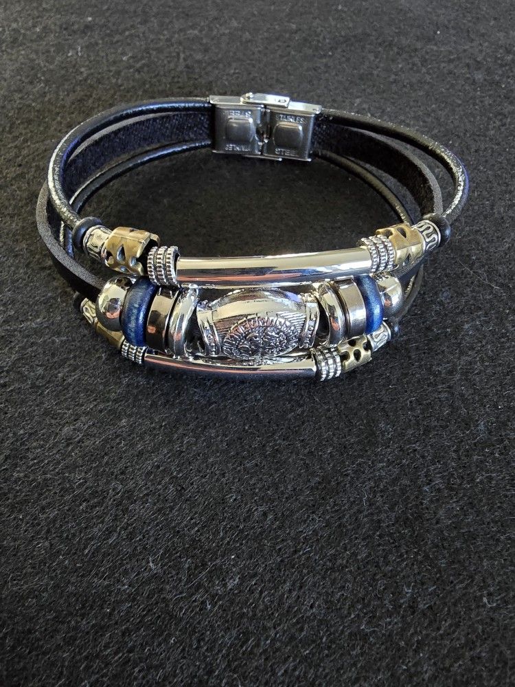 Faux Leather Stainless Steel Double Buckle Bracelet