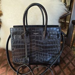 Saint Laurent Sac De Jour Baby Crocodile Embossed Leather Black