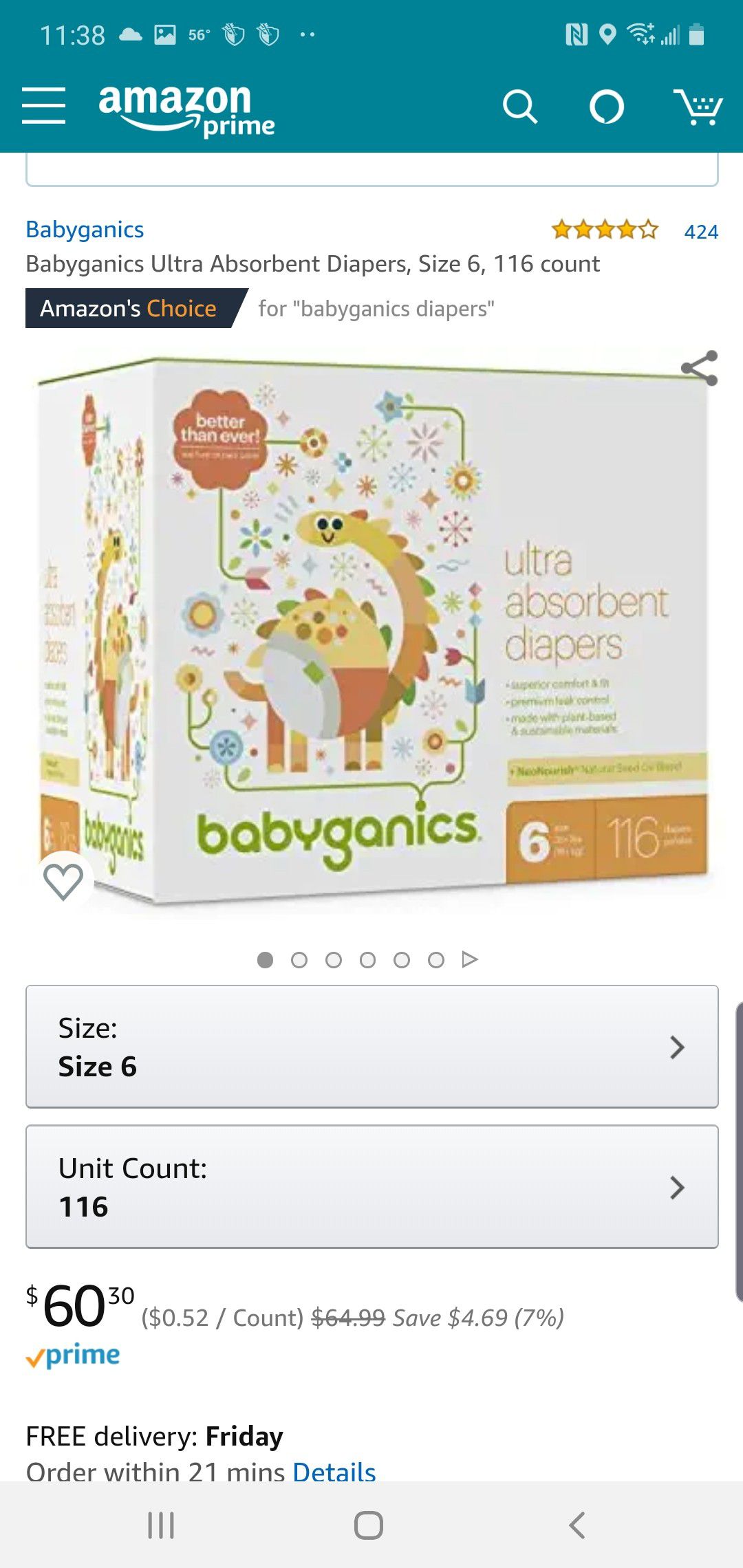 Babyganics 116 Size 6 Diapers