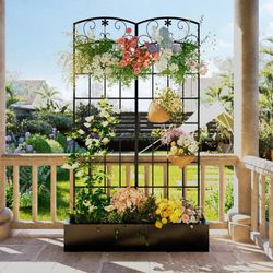 Metal Planter Box With Trellis, Outdoor Raised Garden Bed With Privacy Screen For Climbing Plants