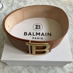 Women’s Balmain Caramel Calfskin “B” Belt Sz 85