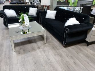 Black velvet living set 2pc sofa and loveseat. Financing available. Apply today online in our website