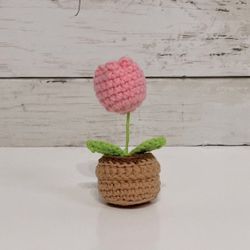 Adorable Handmade Crochet Potted Pink Tulip 3 1/4”