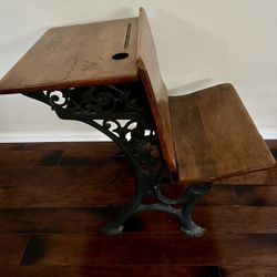 Antique Wooden School Desk With Cast Iron Attached Hinged Seat From Early 20th Century
