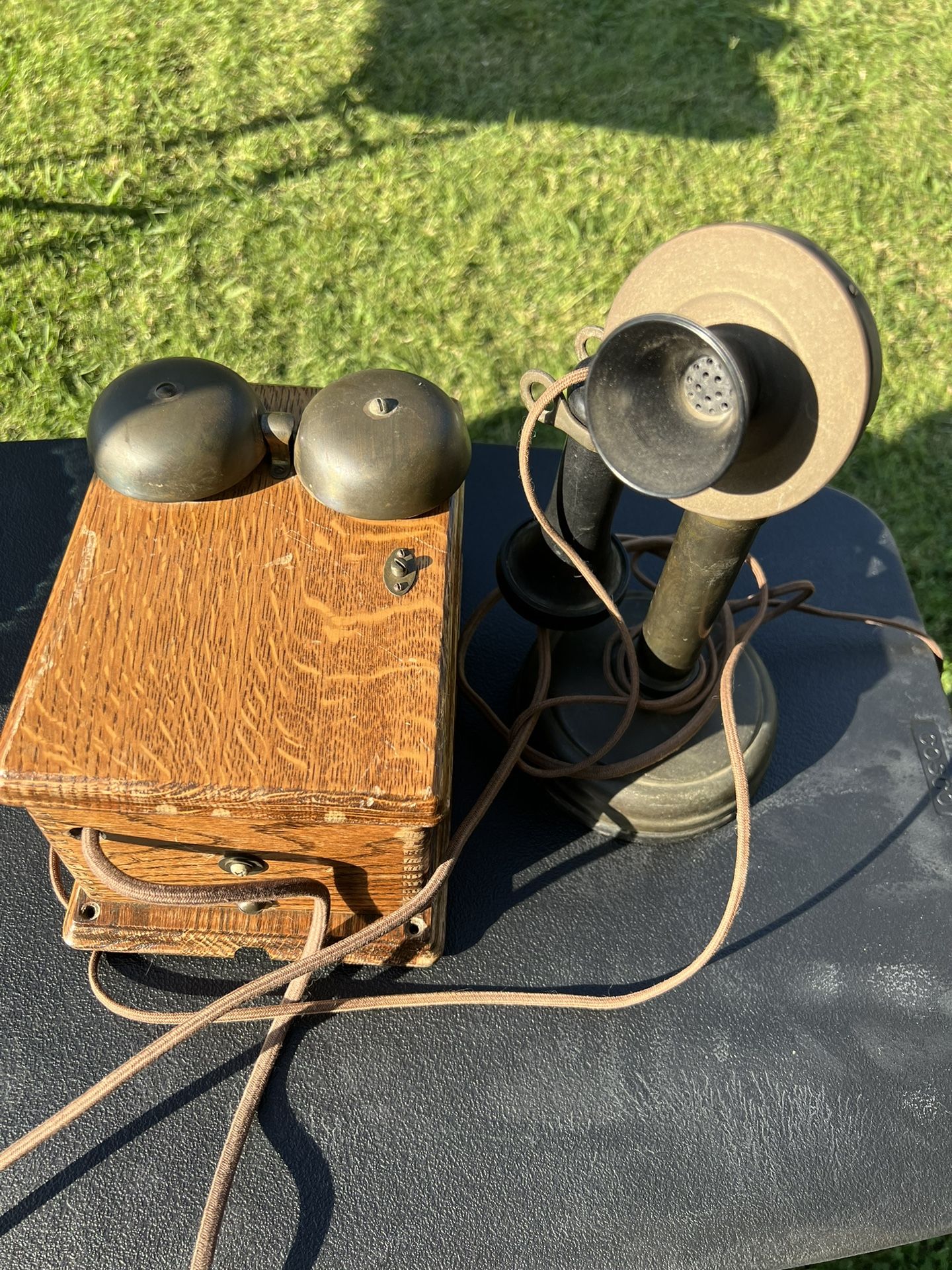 Antique Early 1900's Candlestick Telephone with Oak Ring Box