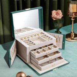 Mother’s Day Gift **Jewelry Organizer Box for Women, Large Leather Jewelry Storage Box w/ Locked, Mirrored, 3 Drawer for Watch Necklace Ring Earring  