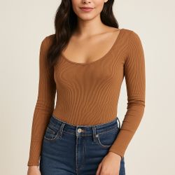 Cocoa Ribbed Long-Sleeve Bodysuit