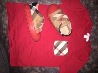 Burberry sneakers size 26 (11) Burberry shirt size 6youth wore for less then an hour (UNISEX)
