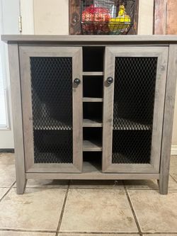 Gray Wood Cabinet with Mesh Doors