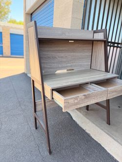Modern Grey Wood Writing Desk with Hutch & 2 Drawers