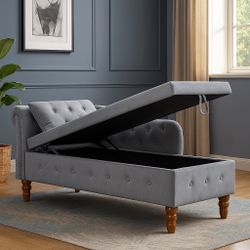 60" Light Gray Velvet Multifunctional Storage Chaise Lounge Buttons Tufted Nailhead Trimmed Solid Wood Legs with 1 Pillow [NEW]