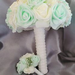 NEW! Bride Brooch Bouquet and Groom Boutonnière (Mint Green and off White)