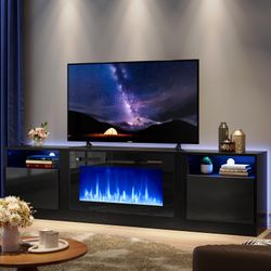 80” TV Stand with 36” Electric Fireplace, Large Modern Media Entertainment Center with Storage Cabinet and 12 Colors LED Lights for TVs Up to 90", Bla