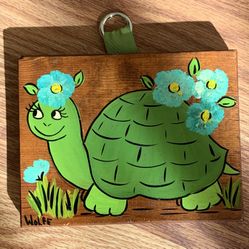 Painted Turtle Cute Ooak Animal Green Hippie 70s 80s Kitsch Wood Art Cartoon Vintage Antique