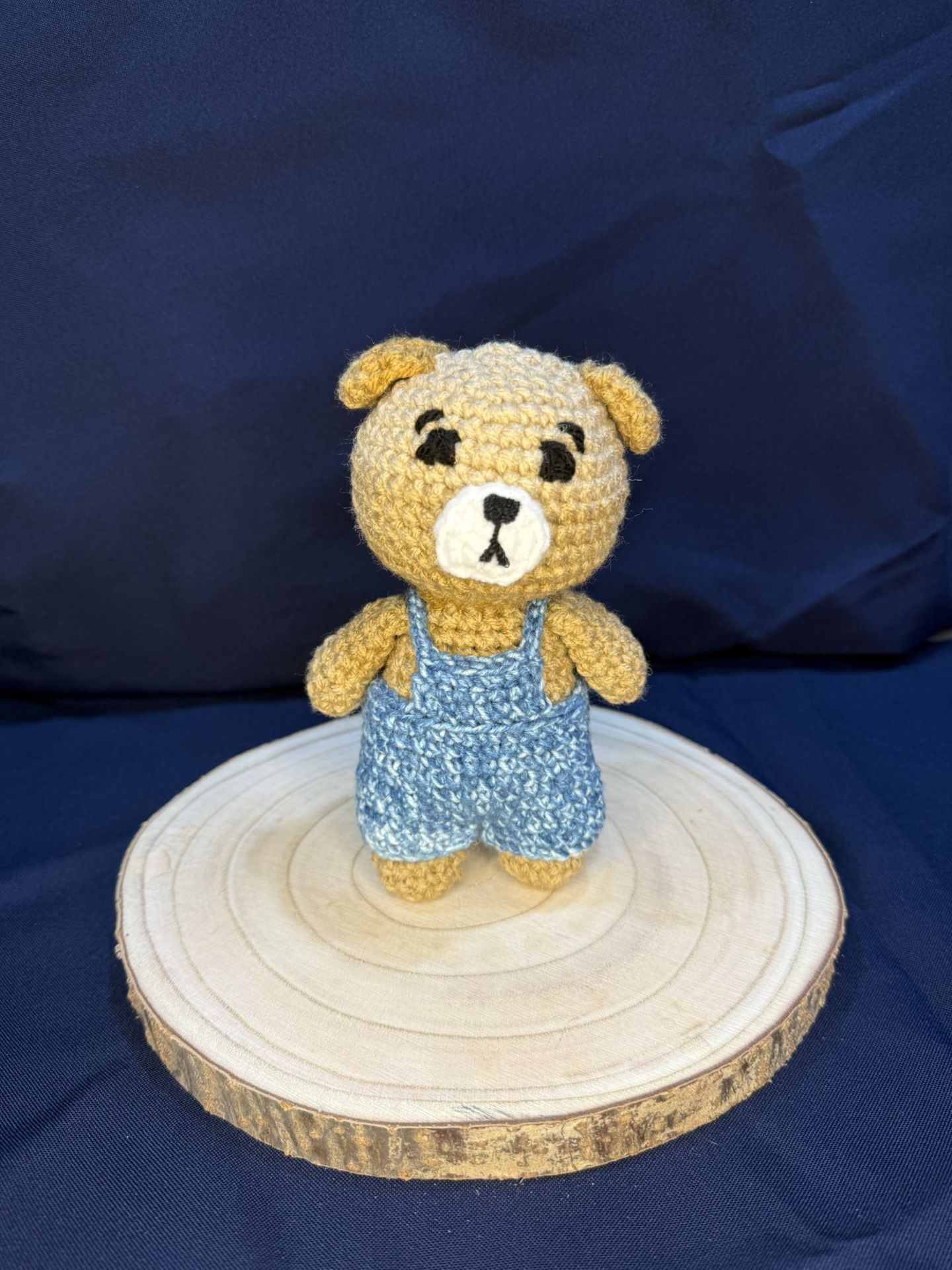 Adorable yellow and blue crochet teddy bear 7 inches standing