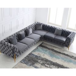 Grey Velvet Right Facing Sectional Gold Legs Brand New In Box Firm Price $2,460
