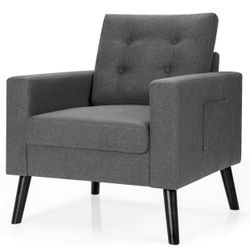 Costway Modern Tufted Accent Armchair Rubber Wood Gray New