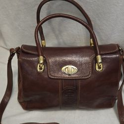 vintage Marino Orlandi brown leather satchel bag with a turn-lock closure and gold-tone hardware
