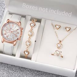 5/6PCS Fashion Women's Quartz Watch Leather Band Analog Wrist Watches Heart Rhinestone Jewelry Set (Without Box)