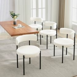 Boucle Dining Chairs Set of 4, Mid Century Modern Dining Room Chairs with Barrel Backrest, Upholstered White Kitchen Chairs for Dining Room, Restauran