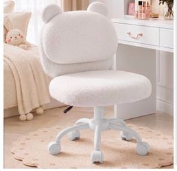 Brand new in the box- HUANUO Vanity Chair, Cute Desk Chair, Home Office Chair with Wheels, White Teddy Fleece Fabric, Bear Backrest, Thick Cushion, Ar