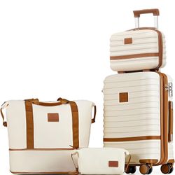 Carry On Luggage 20 Inch Expandable Suitcase with Spinner Wheel, 4 Piece Hard Shell Luggage Set with TSA Lock(White brown)