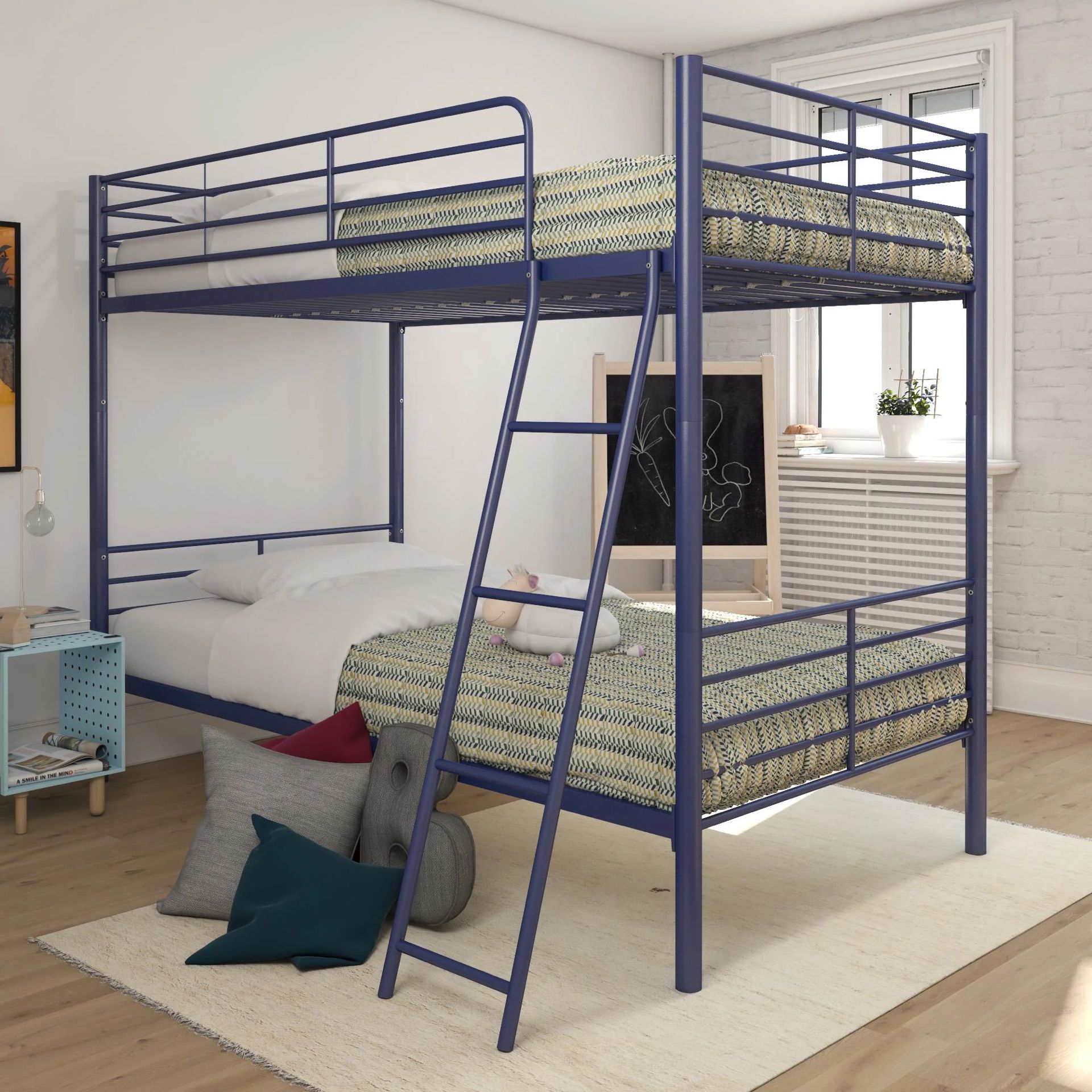  Convertible Twin over Twin Metal Bunk Bed, Blue 