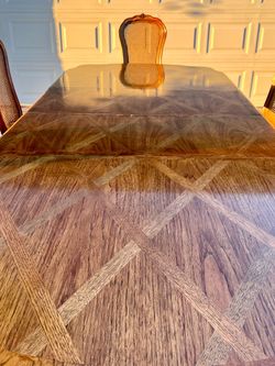 Vintage Marquetry Pedestal Dining Table and 6 Cane Back Chairs