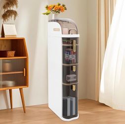 4 Tier Slim Bathroom Storage Cabinet, Foldable and Movable, White Tools Free, ABS and PET, Magnetic Clear Door, Adjustable Shelves, Lockable Wheels, W