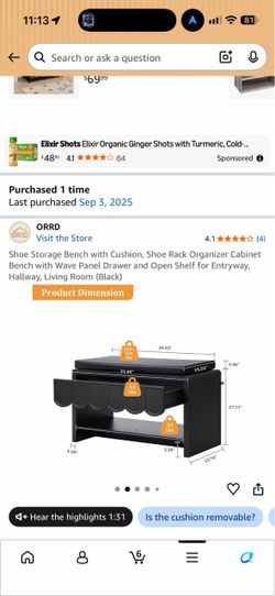 Black Shoe Storage Bench with Cushion & Drawer – Entryway Organizer