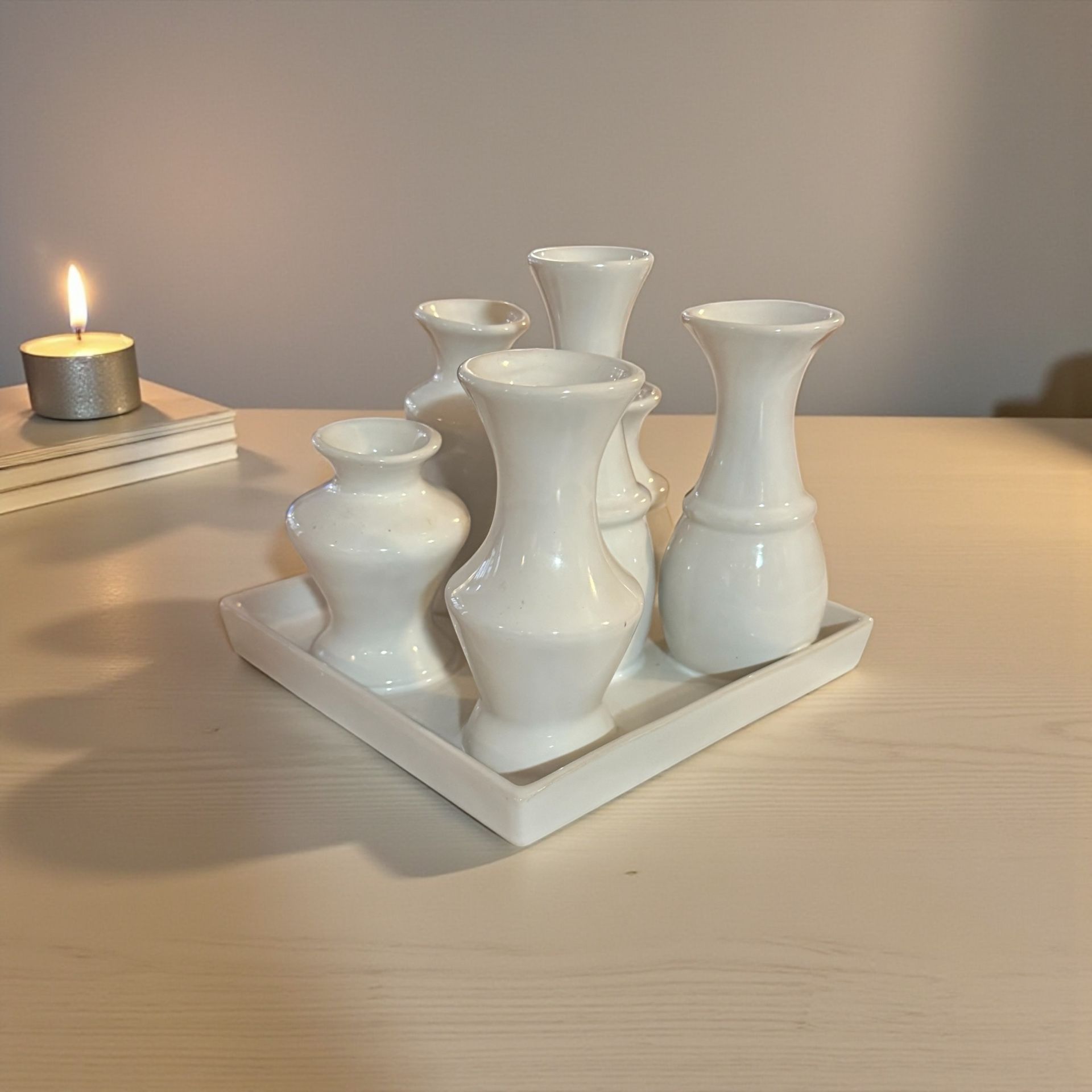 Ceramic Bud Vase Set Tray 6” x 6” - White