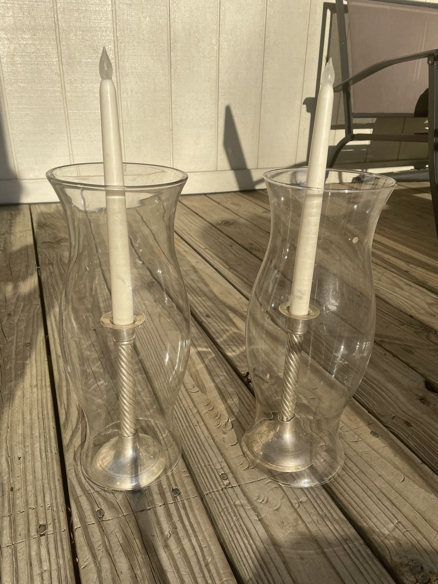 2 Silver Candle Holders Hurricane Glass