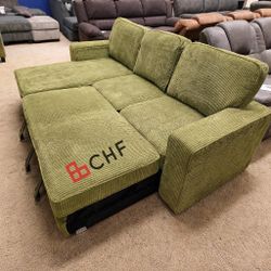 green corduroy reversible  sectional sleeper sofa with pull out bed