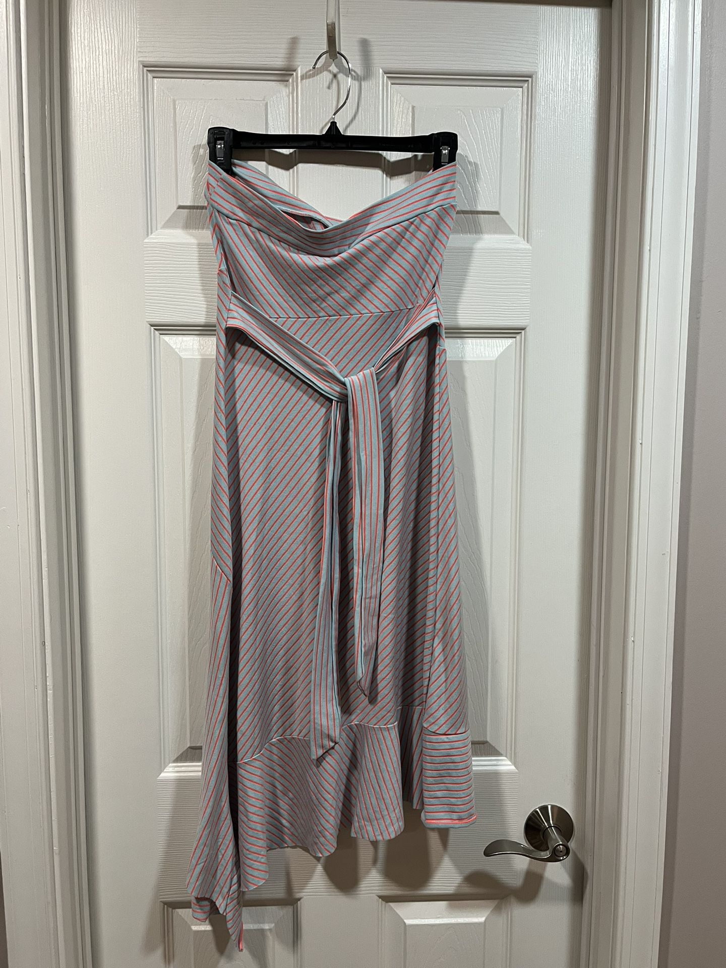 Asymmetrical Fuchsia Pink And Pale Blue Strapless Dress (Made in the USA), Size: Large