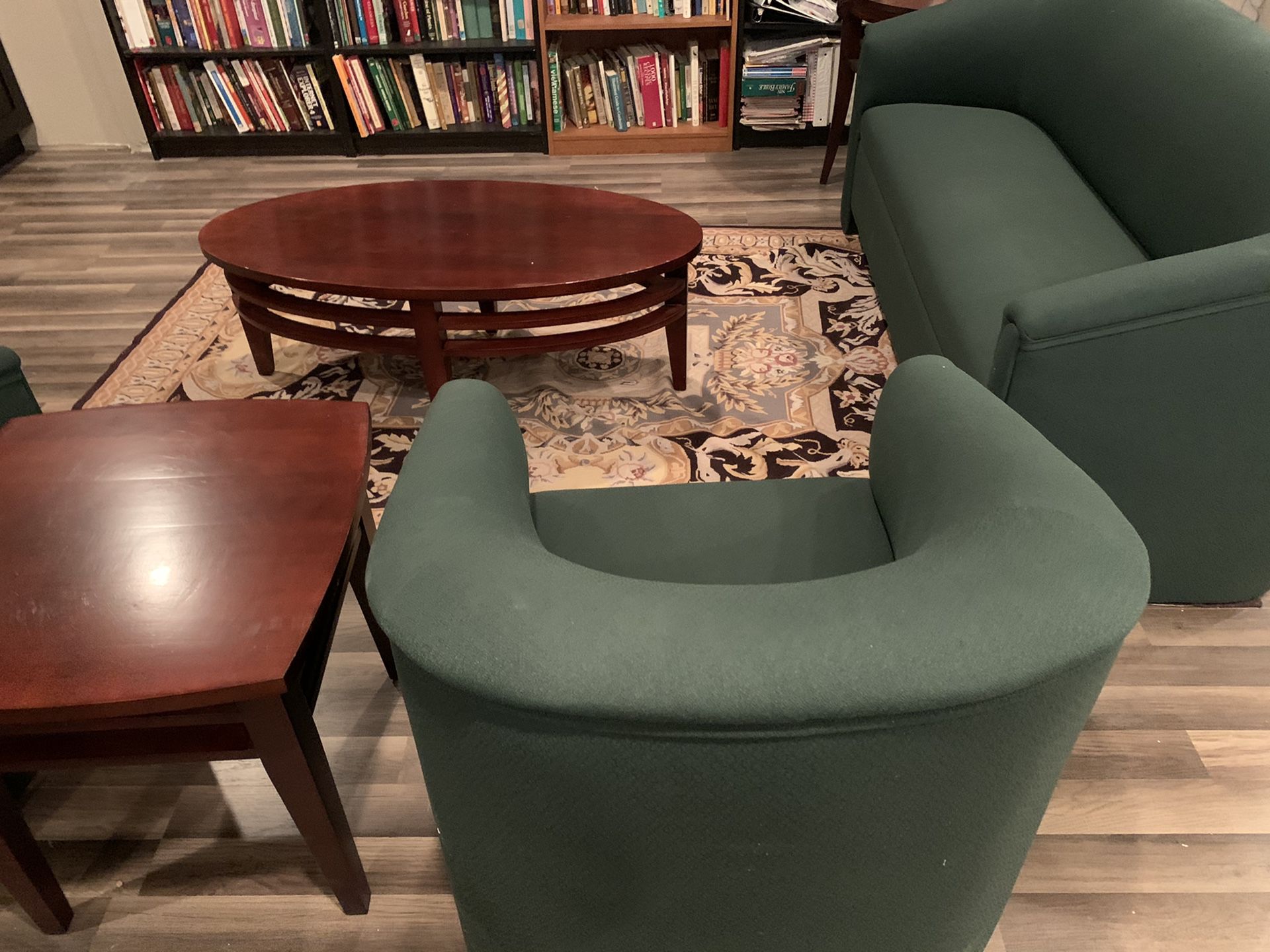 Loveseat, two club chairs, coffee table and two side tables