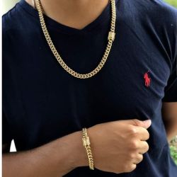 8MM Diamond Lock Cuban Link Set 14K Gold Plated Doesn't Loses Color