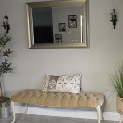 Cushioned Bench and Mirror. Great for end of bed, livingroom,  foyer etc