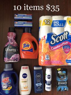 Tide; 1 Downy; 3 Nivea: Body Wash & Shave Gel; 1 Schick Razors; 1 Scott; 2 Toothpastes: 10 Items $35