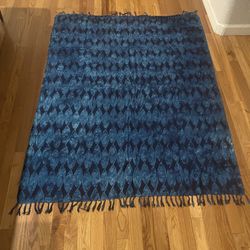 Blue and Black Fish Print Shawl / Tapestry with Fringe 