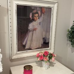 Large Romantic Farmhouse Picture/ White Frame/ Girl In Pink Hat