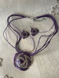 Purple Enamel Floral Necklace and Earrings Set