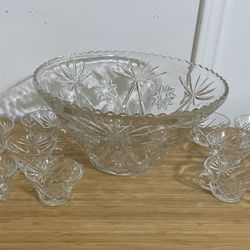 Vintage Anchor Hocking Glass PUNCH BOWL SET (featuring Early American "Star of David" pattern)