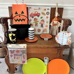 Large Halloween Lot ~ Includes Cauldron, New Black & White Pillar Candle, New Window Decor, Witch Mug, Reversible Trick/Treat Necklace Charm, Wineglas