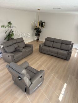 Brand new grey 3 piece reclining living room set delivery available 🚚