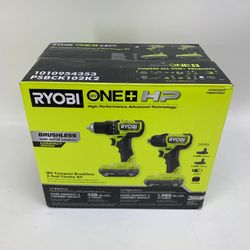 New Ryobi ONE+ HP 18V Compact Brushless  1/2 Drill Tool Combo Kit PSBCK102K2