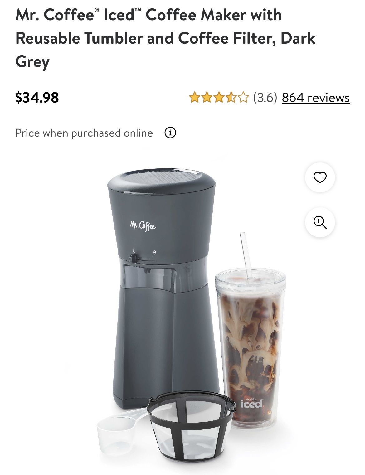 Mr. Coffee® Iced™ Coffee Maker with Reusable Tumbler and Coffee Filter, Dark Grey