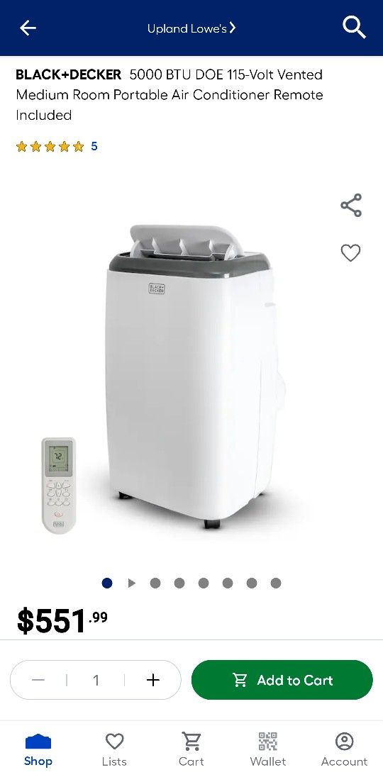 5000 BTU DOE VENTED
MEDIUM ROOM PORTABLE AIR
CONDITIONER REMOTE INCLUDED